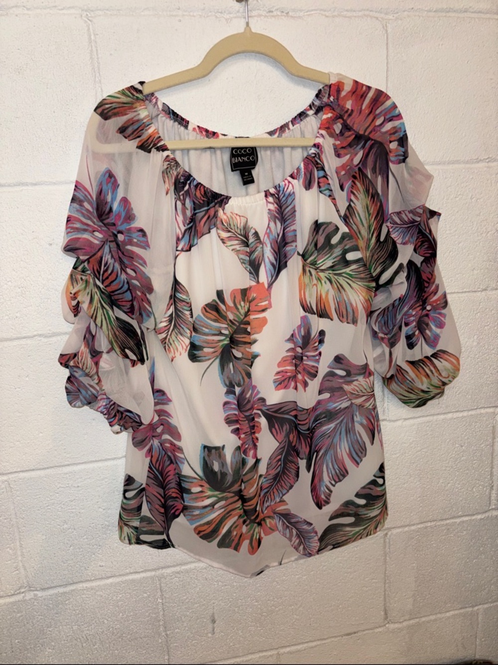 Coco Bianco White Multicolor Tropical Leaf Off-Shoulder Blouse